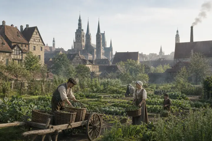 Bamberg's market gardeners working their beds inside the town, between the river arms.