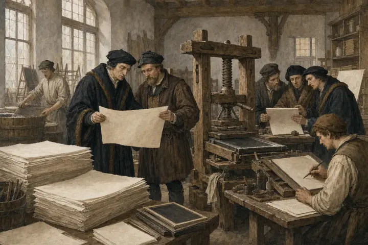 Froben's printing house at Basel: Erasmus among presses, proofs and type cases.