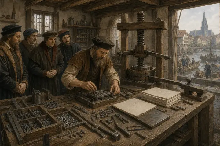 Gutenberg's Strasbourg workshop: metal letters and a screw press by lamplight.