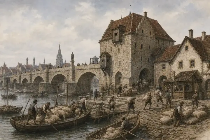Regensburg's salt stores standing against the Stone Bridge, barrels on the quay below.
