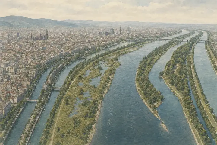 Vienna's Danube cut straight: dredgers and the new embankments of the 1870s regulation.