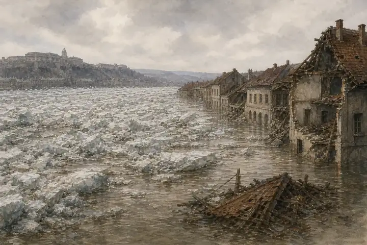 The ice flood of March 1838: boats between drowned Pest houses under a broken ice jam.