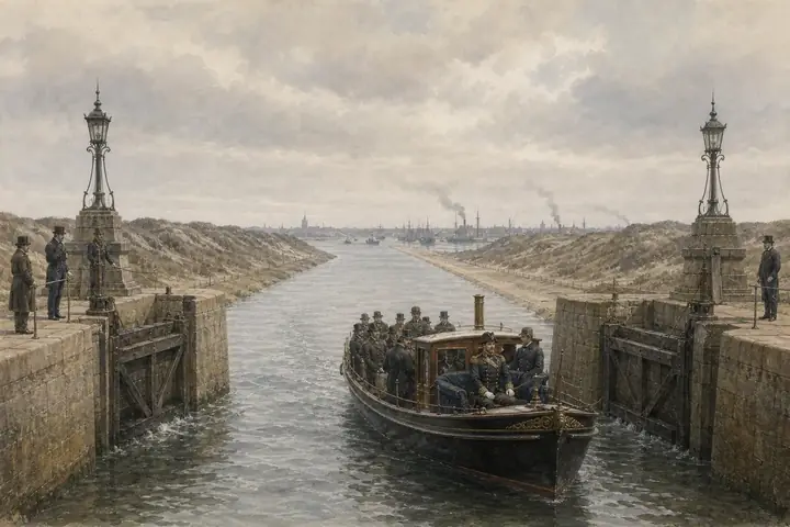 IJmuiden, 1876: William III's boat passing the new locks where the canal cuts the dunes.