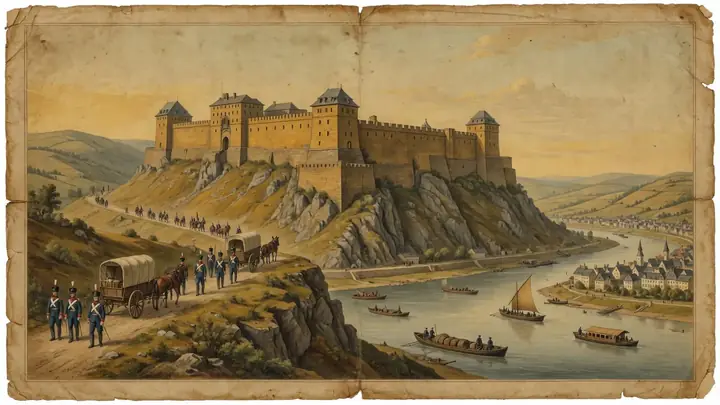Ehrenbreitstein's Prussian ramparts rising above the Rhine–Moselle confluence.