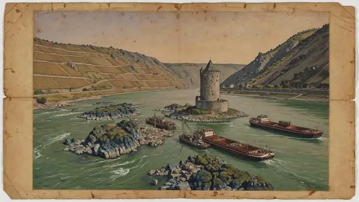 Blasting the Binger Loch: work barges at the rock reefs below Rüdesheim.